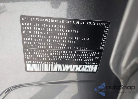 2020 Volkswagen Tiguan 2.0T S из США, поврежденный, VIN 3VV1B7AX9LM117808